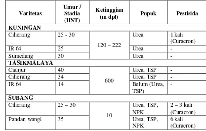 Tabel 7 Budidaya pada lima varietas tanaman padi di tiga Kabupaten Kuningan, Tasikmalaya dan Subang 