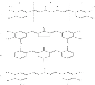 Gambar 1. a. Senyawa kurkumin, sebagai senyawa penuntun dibagi menjadi tiga gugus farmakofor A, B dan C (Robinson et al., 2003), modifikasi kurkumin menjadi gugus monoketon anatara lain: b