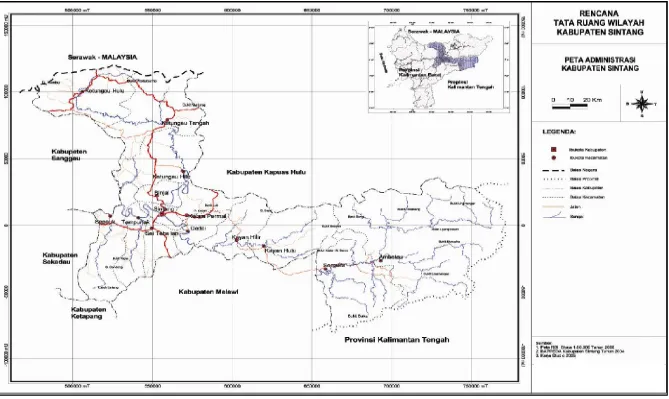 Gambar 3. Peta Administrasi Kabupaten Sintang (Sumber : Bappeda Kabupaten Sintang) 
