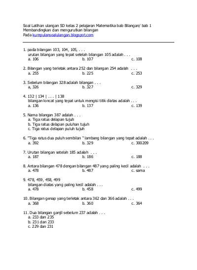 Soal Latihan Ulangan SD Kelas 2 Pelajaran Matematika Bab Bilangan