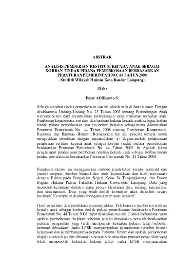 ANALISIS PEMBERIAN RESTITUSI KEPADA ANAK SEBAGAI KORBAN TINDAK PIDANA ...