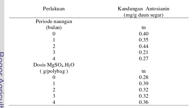 Tabel 18 Pengaruh periode naungan dan pemupukan MgSO4.H2O terhadap kandungan antosianin daun dewa umur 16 MST 