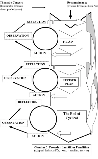 Gambar 2. Prosedur dan Siklus Penelitian (Adaptasi dari MCNiff,J, 1988:27; Hopkins, 1993:48) 