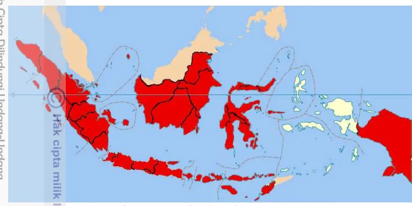 Gambar 3. Penyebaran kasus Surra di Indonesia (warna merah) 