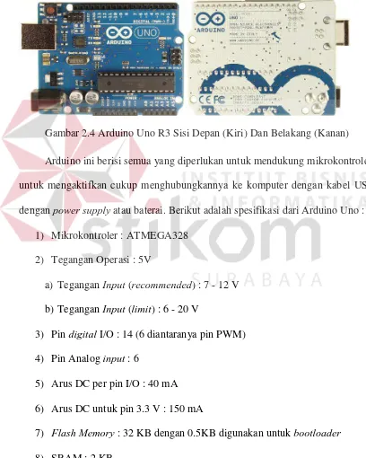 Gambar 2.4 Arduino Uno R3 Sisi Depan (Kiri) Dan Belakang (Kanan) 