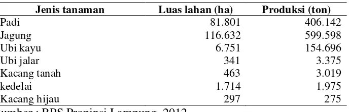 Tabel 4. Produksi dan luas lahan ditingkat petani berbagai komoditas tanaman pangan di Kabupaten Lampung Selatan tahun 2011 