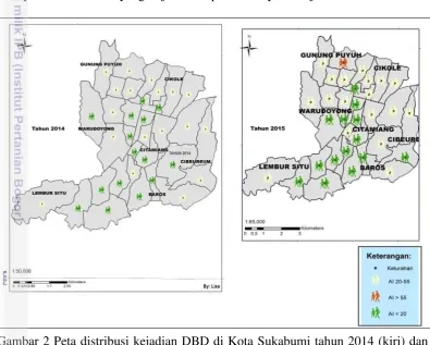 Gambar 2 Peta distribusi kejadian DBD di Kota Sukabumi tahun 2014 (kiri) dan 