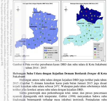 Gambar 6 Peta overlay persebaran kasus DBD dan suhu udara di Kota Sukabumi 