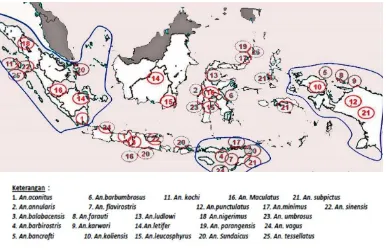 Gambar 1. Peta sebaran vektor malaria di Indonesia. (Sumber: Depkes RI 2014). 