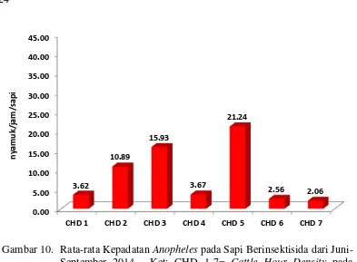 Gambar 10. Rata-rata Kepadatan  Anopheles pada Sapi Berinsektisida dari Juni-September 2014