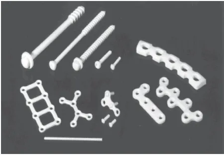Figure 2. Screws, washers, a pin, and plates made of forged andthen machined u-HA/PLLA composites