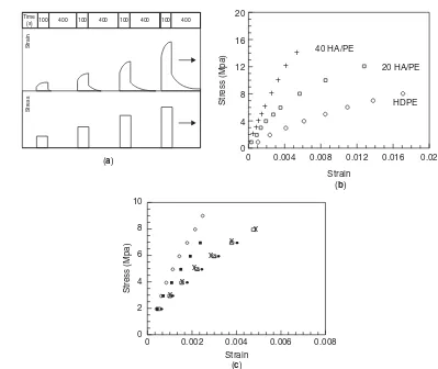 Figure 6. Isochronous creep testing of HA PE composites showing (a) strain and stress variationsSourcewith time in isochronous testing, (b) the effect of adding 20 and 40 vol% HA to HDPE, and (c) theeffect of soaking 40 vol% HAPE for ◦ nonimmersed; • 7 day