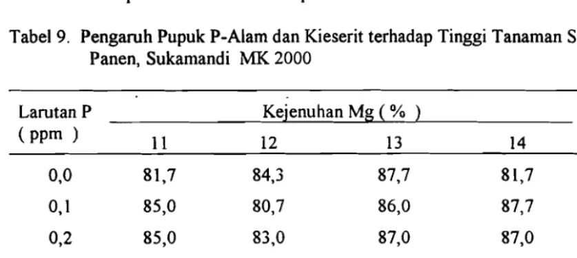 Tabel 9. Pengaruh Pupuk P-Alam dan Kieserit terhadap Tinggi Tanaman Saat Panen, Sukamandi MK 2000 