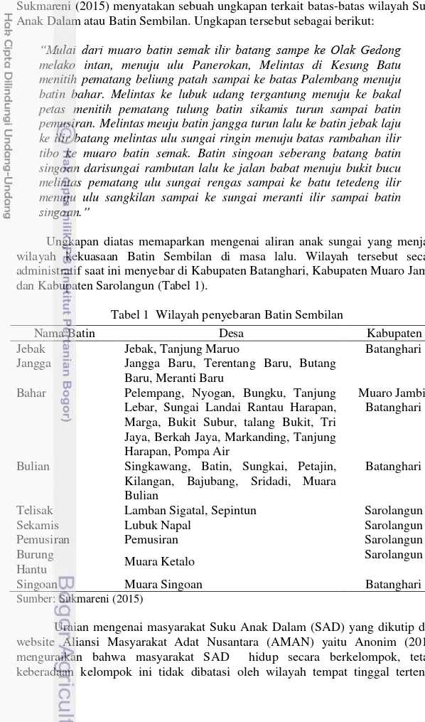 Tabel 1  Wilayah penyebaran Batin Sembilan 