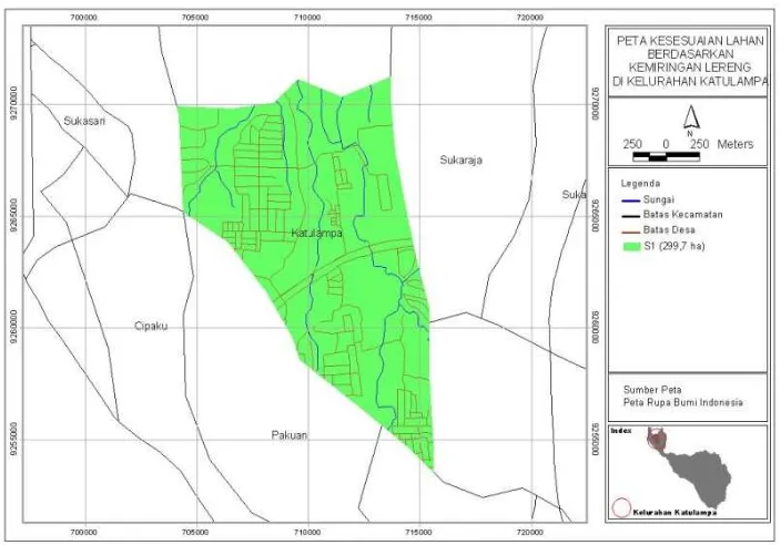Gambar 7.  Peta kesesuaian lahan perumahan di Hulu bagian bawah (Kelurahan                       Katulampa) berdasarkan kemiringan lereng 