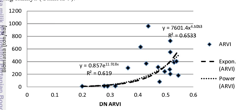 Gambar 9 Grafik hubungan antara nilai digital number ARVI dengan biomassa