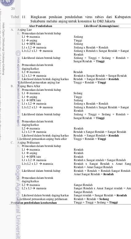 Tabel 11  Ringkasan penilaian pendedahan virus rabies dari Kabupaten Sukabumi melalui anjing untuk konsumsi ke DKI Jakarta 