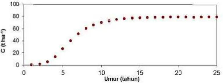 Gambar 2. Karbon Tersimpan Dalam Tanaman Kelapa Sawit Pada Berbagai Umur Tanaman Serta Nilai Time Average C   (Sumber: Rogi, 2002)