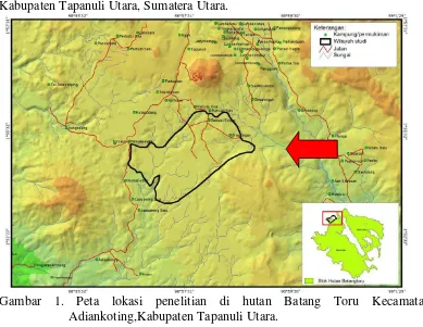 Gambar 1. Peta lokasi penelitian di hutan Batang Toru Kecamatan 