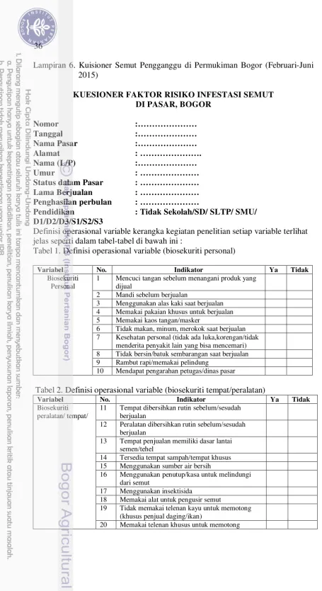 Tabel 1. Definisi operasional variable (biosekuriti personal) 