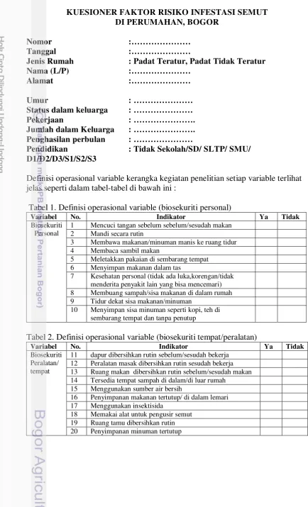 Tabel 2. Definisi operasional variable (biosekuriti tempat/peralatan) 