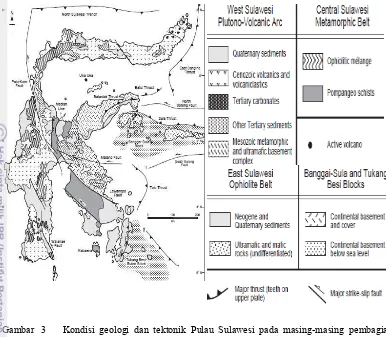 Gambar   3 Kondisi geologi dan tektonik Pulau Sulawesi pada masing-masing pembagian 