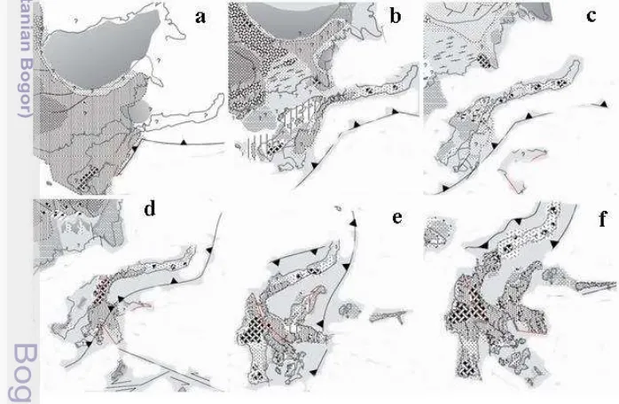 Gambar 8  Proses Sejarah Tektonik Pulau Sulawesi (a) Eocene, (b) Middle Eocene, (c) Early 