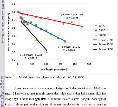 Gambar 14  Model degradasi β-karotena pada suhu 60, 75, 90 oC 