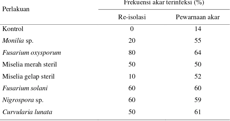 Tabel 2  Frekuensi akar terinfeksi terhadap tanaman brokoli yang diinokulasi cendawan endofit asal rumput dan teki pada umur 30 hari setelah semai