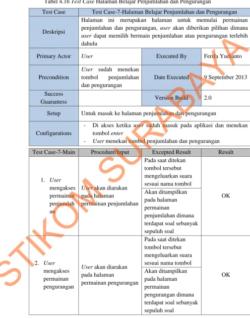 Tabel 4.16 Test Case Halaman Belajar Penjumlahan dan Pengurangan 