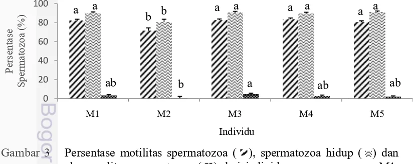 Gambar 3   Persentase motilitas spermatozoa (Persentase motilitas spermatozoa (abnormalitas spermatozoa (merawang 1; M2: merawang 2; M3: merawang 3;M5: merawang 5), spermatozoa hidup (abnormalitas spermatozoa () dari individu ayam merawang