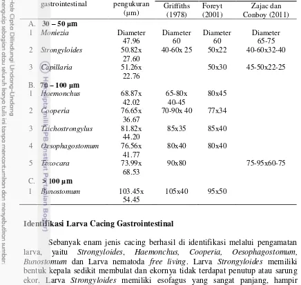 Tabel 2  Perbandingan ukuran panjang dan lebar telur cacing gastrointestinal     