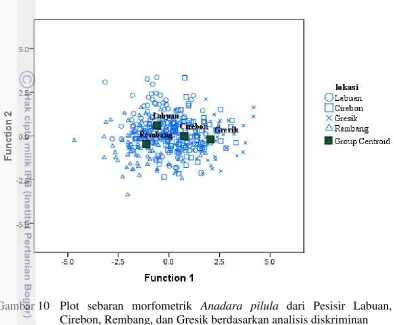 Gambar 10  Plot sebaran morfometrik Anadara pilula dari Pesisir Labuan, 