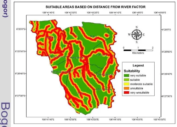 Figure 6. Suitability map based on distance from river or waterbody sub-factor 