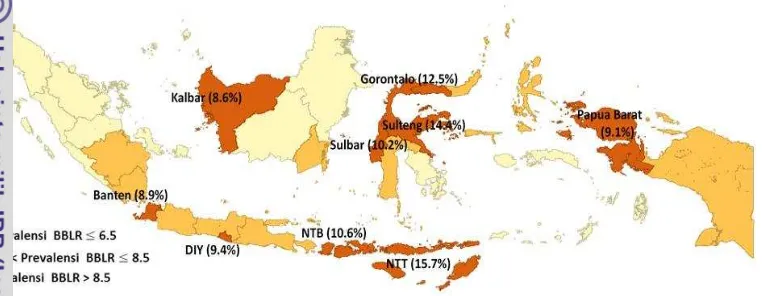 Gambar 4.1. Persebaran prevalensi BBLR menurut provinsi  
