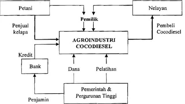Gambar 3.  Konfigurasi model pengembangan agroindustri cocodiesel (company owned by farmers and fishermen)