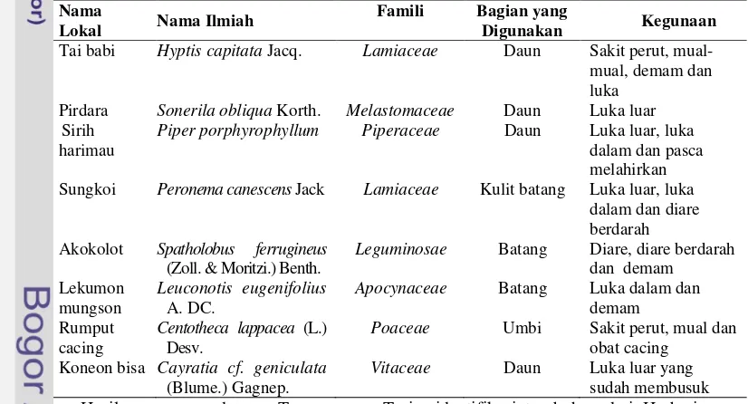 Tabel 1  Tumbuhan obat terpilih dan pemanfaatannya oleh Suku Anak Dalam 