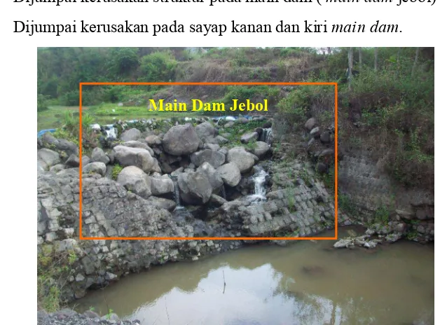 Gambar  1.1.b  Kerusakan struktur pada Sayap main dam,( Data survey visualisasi Bendung Krapyak, 10 Oktober 2015 )
