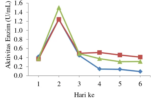 Gambar 9 Aktivitas enzim dari ketiga isolat dalam media PDB olive oil 2% 