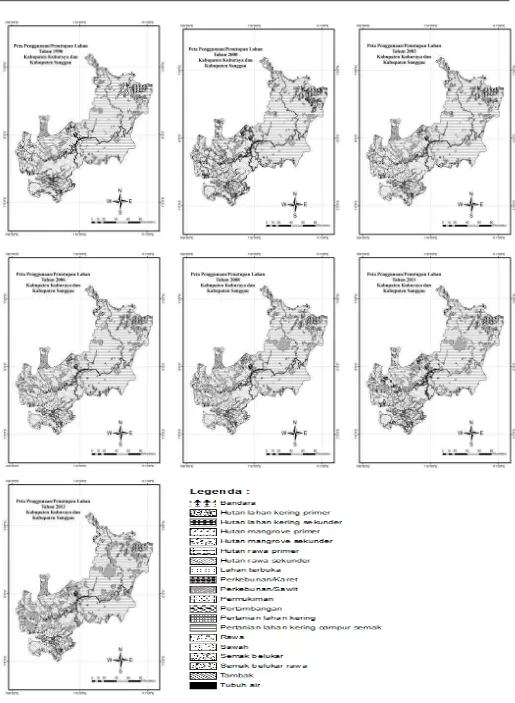 Gambar 2. Peta penggunaan/penutupan lahan tahun 1990, 2000, 2003, 2006, 2009, 2011, dan 2013 