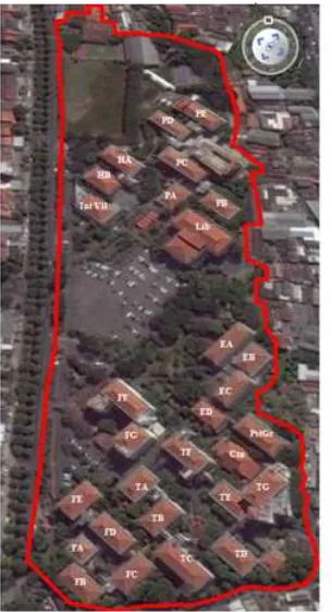 Gambar 1. Peta gedung di Universitas Surabaya diambil dari Google EarthTM 