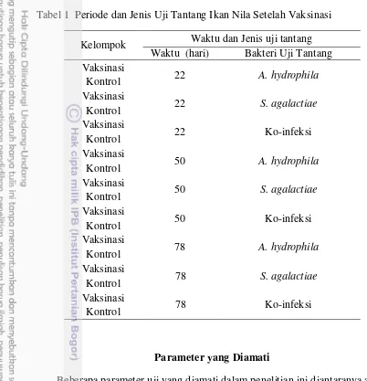 Tabel 1  Periode dan Jenis Uji Tantang Ikan Nila Setelah Vaksinasi  