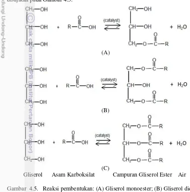 Gambar  4.5. Reaksi pembentukan: (A) Gliserol monoester; (B) Gliserol diester  