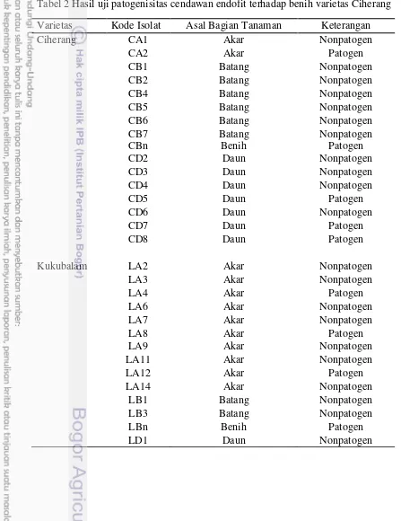 Tabel 2 Hasil uji patogenisitas cendawan endofit terhadap benih varietas Ciherang 