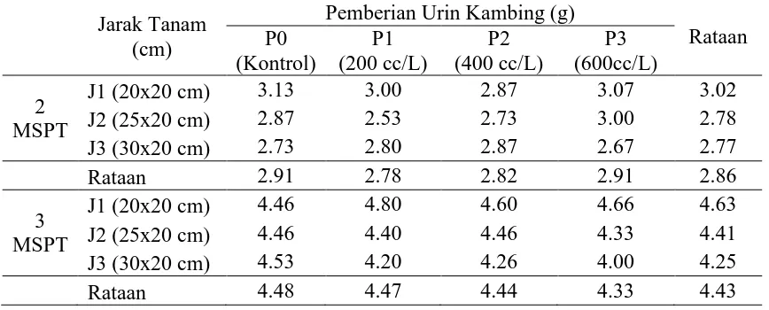 Tabel 2. Rataan jumlah daun 2-6MST (helai) pada pemberian urin kambing dan 
