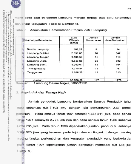 Tabel 5. Administrasi Pemerintahan Propinsi dati I Lampung 