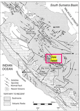 Gambar 2.6.  Peta geologi Lapangan IK dan jalur Anticlinorium dengan sesar turun berarah hampir utara selatan 