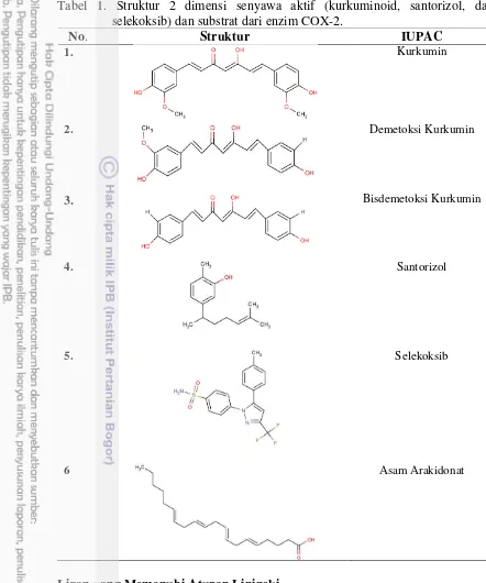 Tabel 1. Struktur 2 dimensi senyawa aktif (kurkuminoid, santorizol, dan  selekoksib) dan substrat dari enzim COX-2