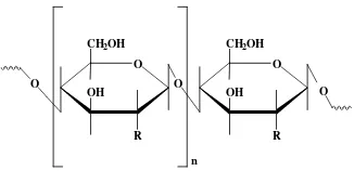 Gambar 3  Struktur unit ulangan selulosa (R = -OH), kitin (R = -NHCOCH3) dan kitosan (R = -NH2)