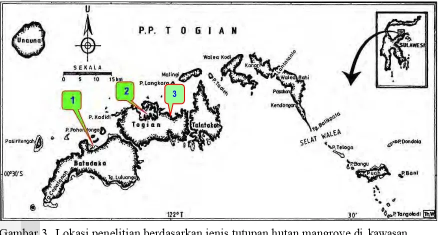 Gambar 3. Lokasi penelitian berdasarkan jenis tutupan hutan mangrove di  kawasan 